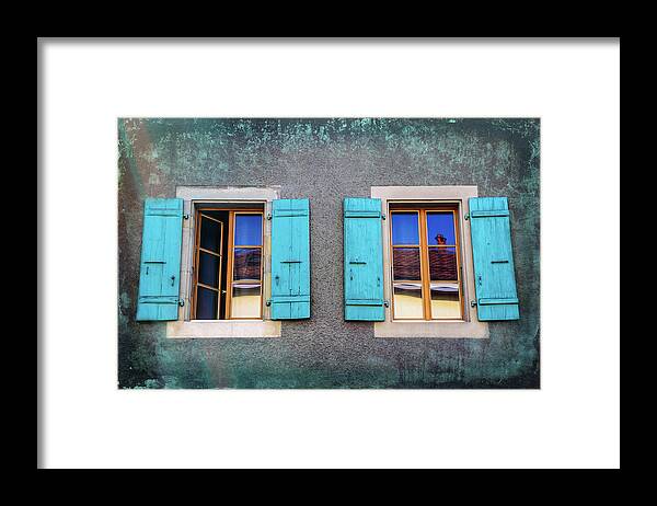 Geneva Framed Print featuring the photograph Blue Shuttered Windows in Carouge Geneva by Carol Japp