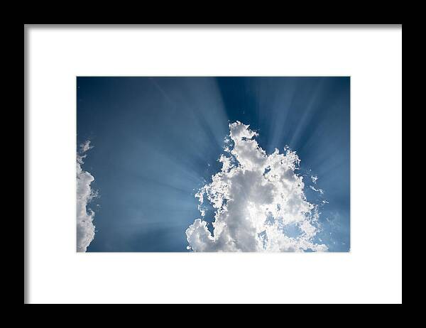 Atmosphere Framed Print featuring the photograph Blue sky with white clouds and sun rays by Michalakis Ppalis