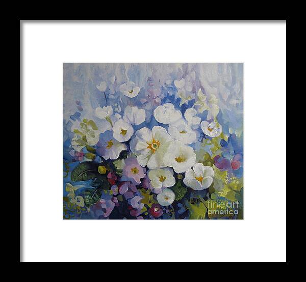 Primrose Framed Print featuring the painting Blue spring by Elena Oleniuc