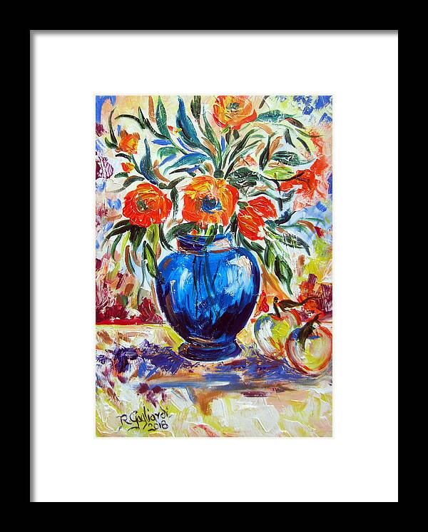 Still Life Framed Print featuring the painting Blue Vase Flowers and apples by Roberto Gagliardi