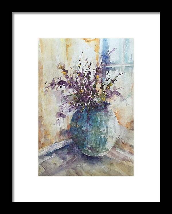 Wildflowers Framed Print featuring the painting Blue Vase of Lavender and Wildflowers aka Vase Bleu Lavande et Wildflowers by Robin Miller-Bookhout