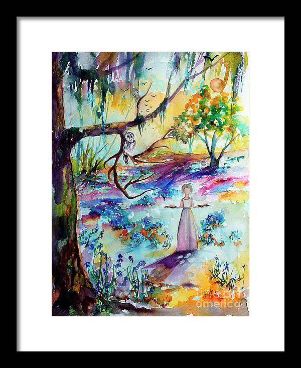 Bluebells Framed Print featuring the painting Bluebells Forest and Savannah Bird Girl Watercolor by Ginette Callaway