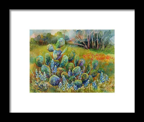 Cactus Framed Print featuring the painting Bluebonnets and Cactus by Hailey E Herrera