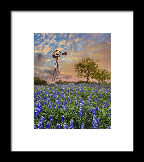 Bluebonnets Framed Print featuring the photograph Bluebonnets Beneath a Windmill 2 by Rob Greebon