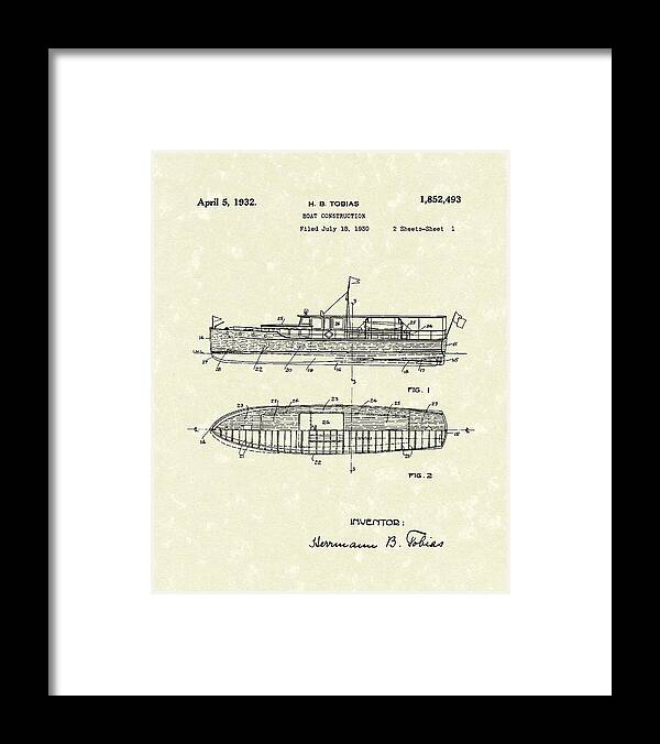 Tobias Framed Print featuring the drawing Boat 1932 Patent Art by Prior Art Design