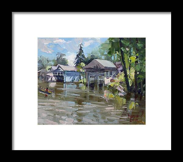 Boat Houses Framed Print featuring the painting Boat Houses by Ylli Haruni