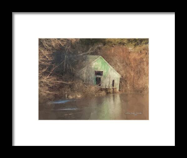 Landscape Framed Print featuring the painting Boathouse on Solstice by Bill McEntee
