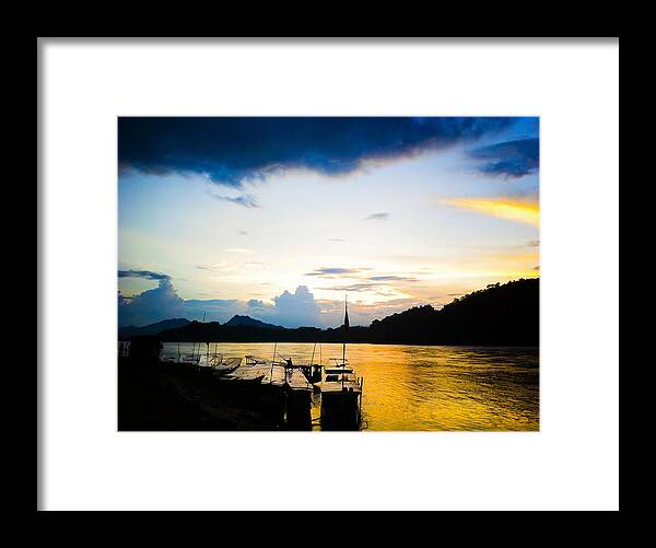 Asia Framed Print featuring the photograph Boats in the Mekong River, Luang Prabang at sunset by Neil Alexander Photography