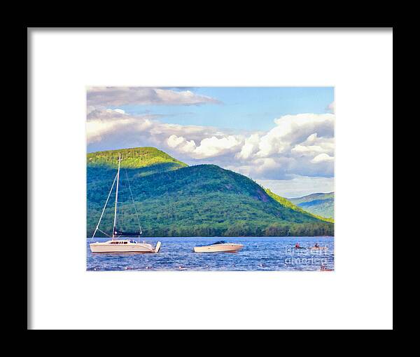 Lake Framed Print featuring the painting Boats on Lake George by Anne Kitzman