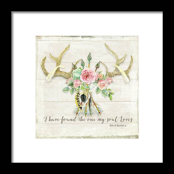 Watercolor Framed Print featuring the painting BOHO Love - Deer Antlers Floral Inspirational by Audrey Jeanne Roberts