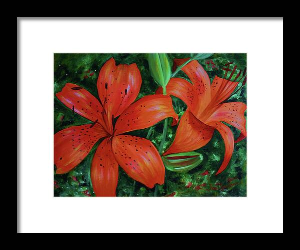 Tiger Lilies Framed Print featuring the painting Bold Blooms by Jan Swaren