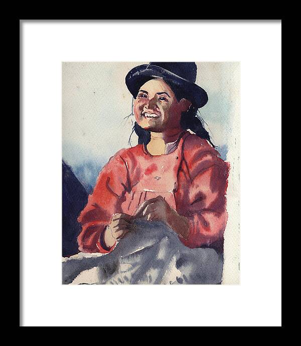 Happy Framed Print featuring the painting Bolivian Seamstress by Gertrude Palmer