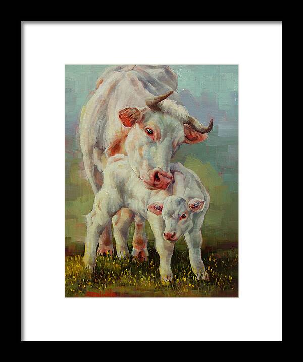Cow Framed Print featuring the painting Bonded Cow And Calf by Margaret Stockdale