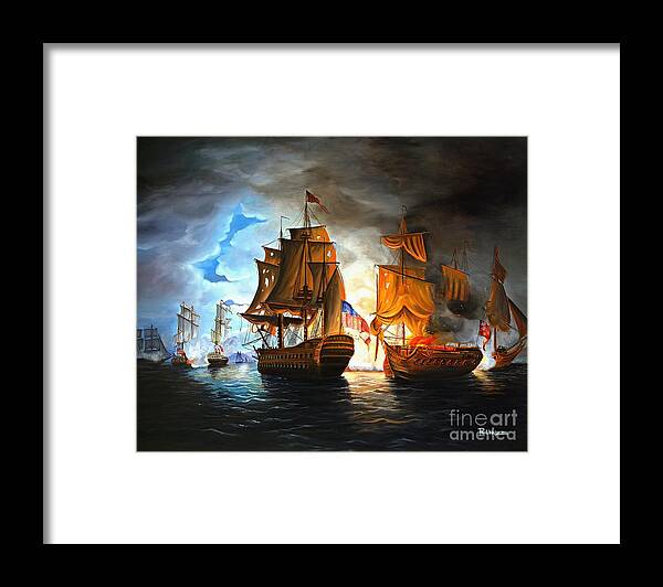 Naval Battle Framed Print featuring the painting Bonhomme Richard engaging The Serapis in Battle by Paul Walsh