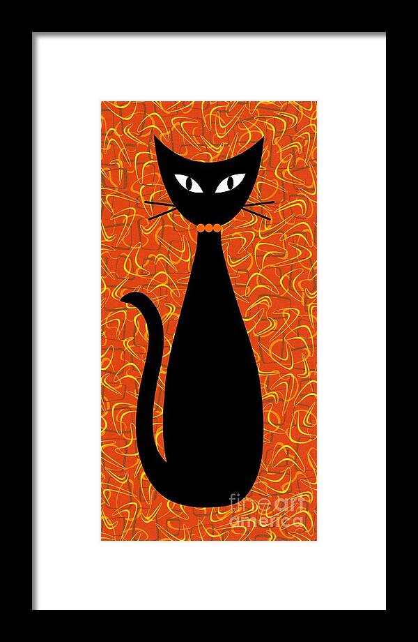 Mid Century Modern Framed Print featuring the digital art Boomerang Cat in Orange by Donna Mibus