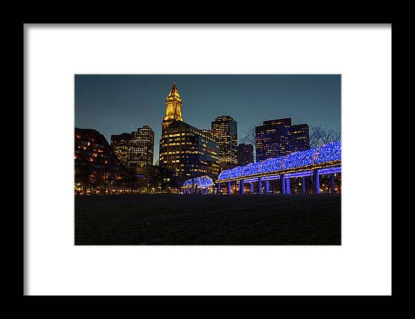 Boston Framed Print featuring the photograph Boston Christopher Columbus Park Trellis lit up for Christmas Boston MA by Toby McGuire