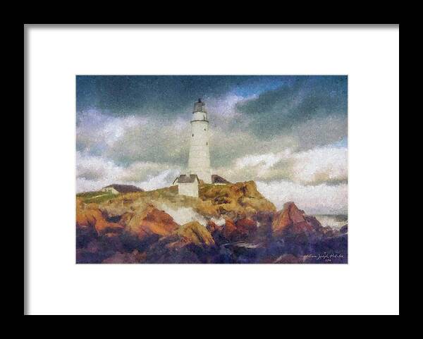 Boston Light Framed Print featuring the painting Boston Light on a Stormy Day by Bill McEntee