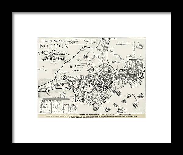 1722 Framed Print featuring the drawing Boston Map, 1722 by John Bonner