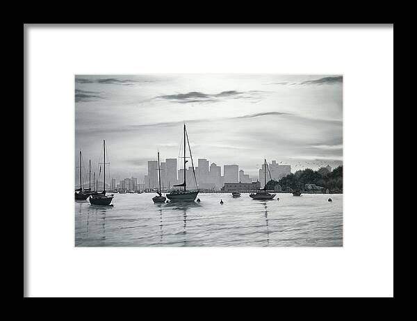 Black And White Framed Print featuring the painting Boston Skyline by Matthew Martelli