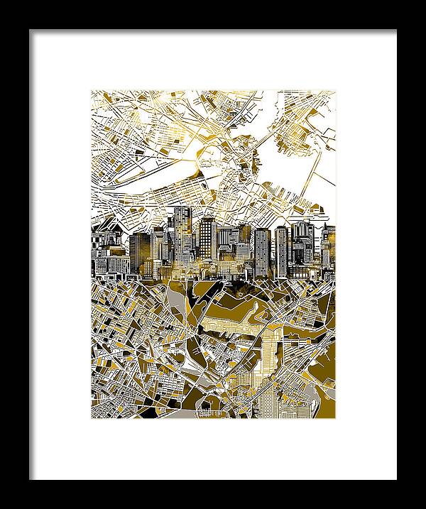 Boston Framed Print featuring the painting Boston skyline sepia by Bekim M