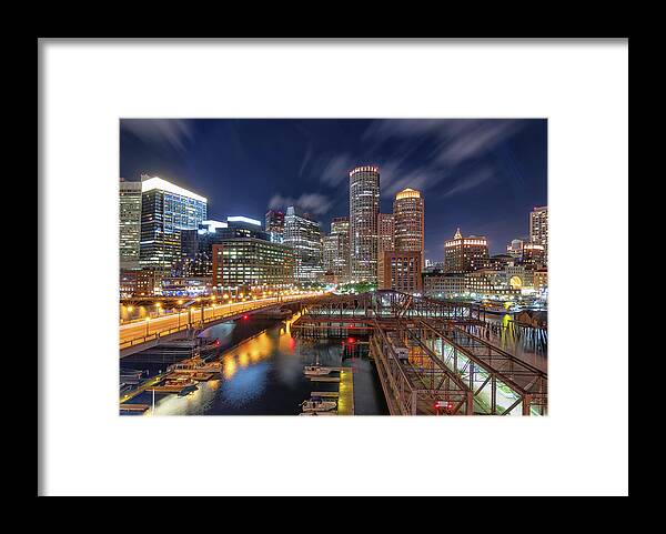 Boston Framed Print featuring the photograph Boston's Skyline at Night by Kristen Wilkinson
