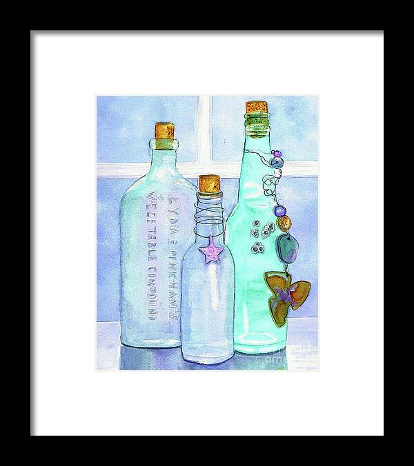 Bottles Framed Print featuring the painting Bottles with Barnacles by Midge Pippel