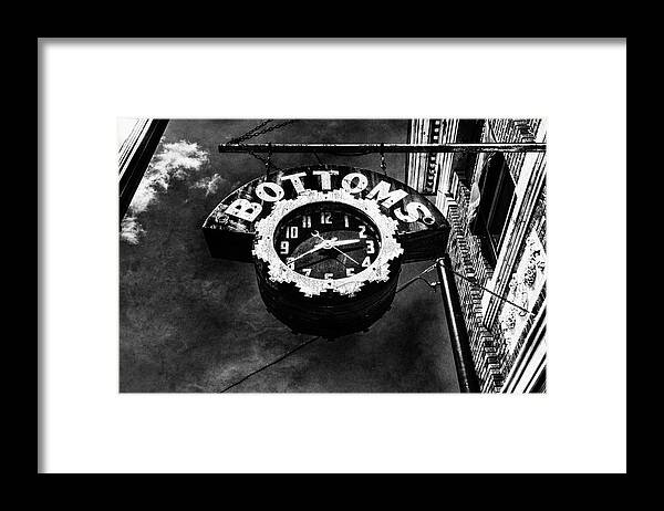Bardstown Framed Print featuring the photograph Bottoms Clock Sign Black and White by Sharon Popek