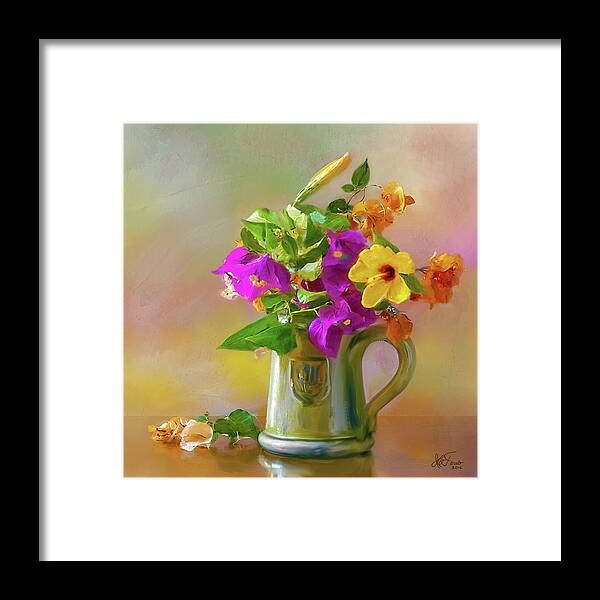 Still Life Framed Print featuring the photograph Bougainvilleas in a green jar. by Juan Carlos Ferro Duque