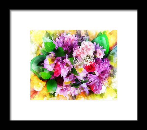Flowers; Bouquet; Blooms; Buds; Plants; Love; Romance; Carnations; Chrysanthemums; Roses; Freesias Framed Print featuring the digital art Bouquet of Purple by Frances Miller