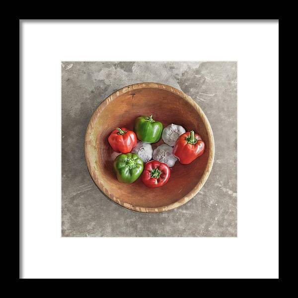 Bell Pepper Framed Print featuring the photograph Bowl of Peppers and Garlic by David and Carol Kelly