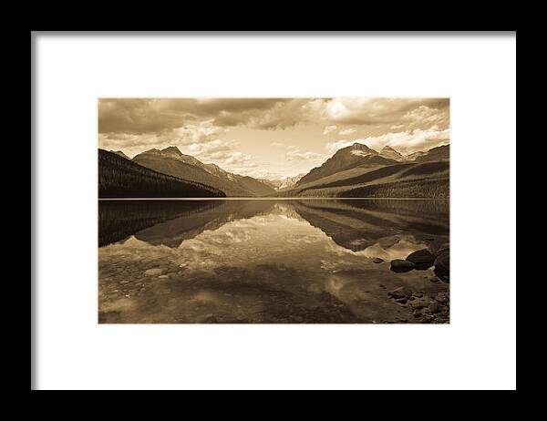 Mountain Framed Print featuring the photograph Bowman Lake, sepia by Jedediah Hohf