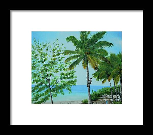 Tropical Landscape Framed Print featuring the painting Boy Climbing Coconut Tree by Kenneth Harris