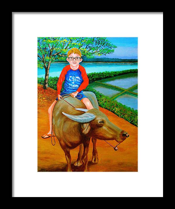 Boy Framed Print featuring the painting Boy Riding a Carabao by Cyril Maza