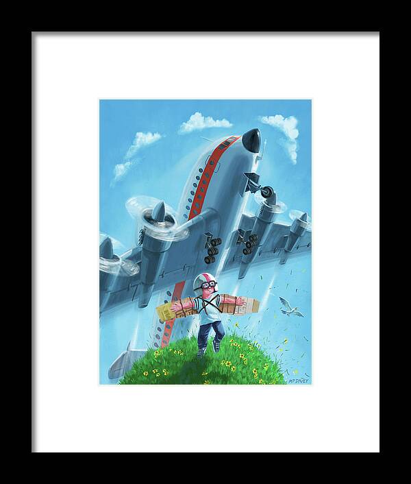 Airplane Framed Print featuring the digital art Boy with airplane on hilltop by Martin Davey