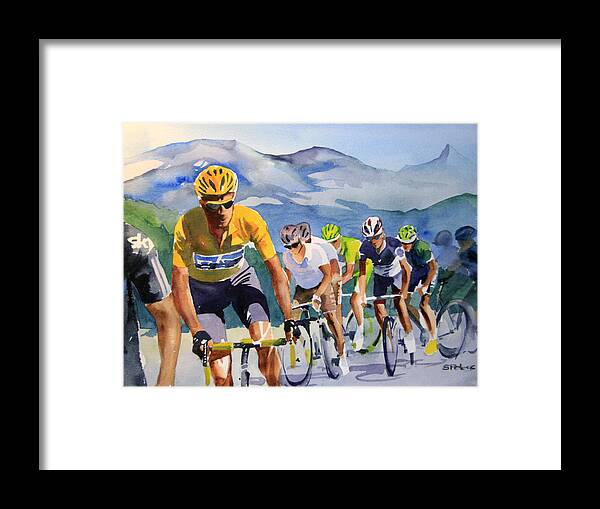 Le Tour De France Framed Print featuring the painting Brad Wiggins in Yellow by Shirley Peters
