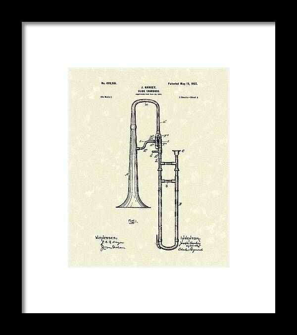 Music Framed Print featuring the drawing Brass Trombone Musical Instrument 1902 Patent by Prior Art Design