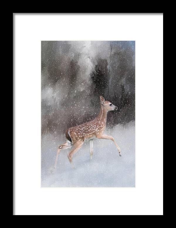 Jai Johnson Framed Print featuring the photograph Braving Her First Snow - Whitetail Deer Fawn Art by Jai Johnson by Jai Johnson