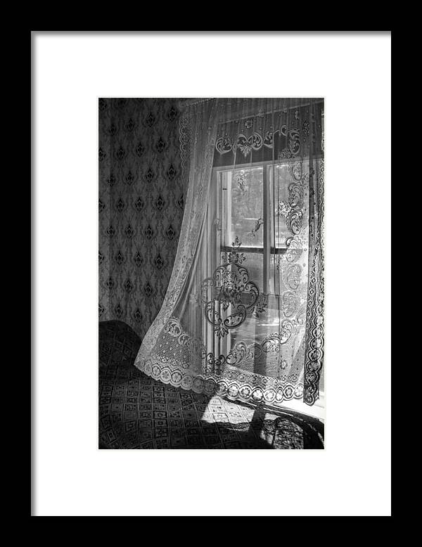 Curtain Framed Print featuring the photograph Breeze - Black and White by Nikolyn McDonald