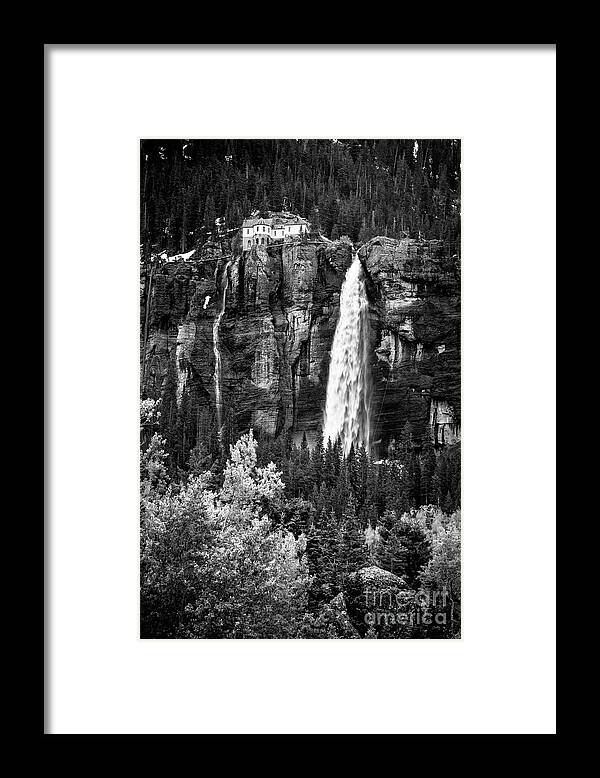 Bridal Veil Falls Framed Print featuring the photograph Bridal Veil Falls in BW by Imagery by Charly