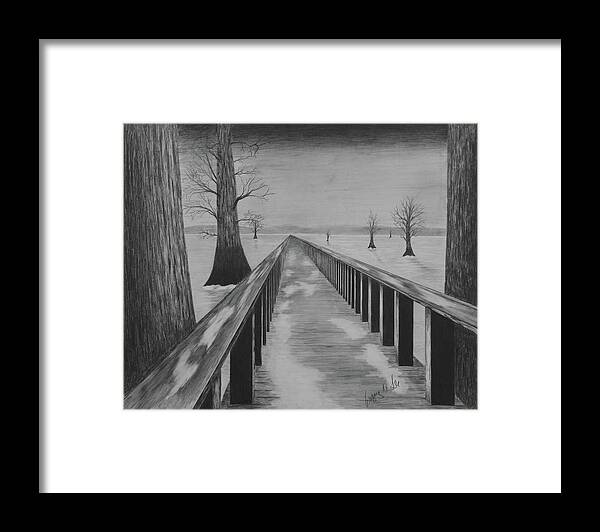Lake Framed Print featuring the drawing Bridge Across Frozen Lake by Gregory Lee
