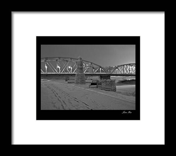 Bridge Framed Print featuring the photograph Bridge and Flood marker by Jana Rosenkranz