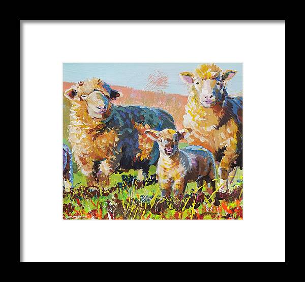 Sheep Framed Print featuring the painting Bright Sheep and Lamb Painting by Mike Jory