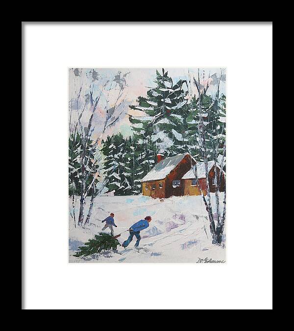 Winter Framed Print featuring the painting Bringing in the Tree by David Gilmore