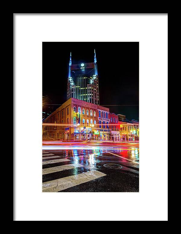 America Framed Print featuring the photograph Broadway Lights - Nashville Tennessee Skyline by Gregory Ballos