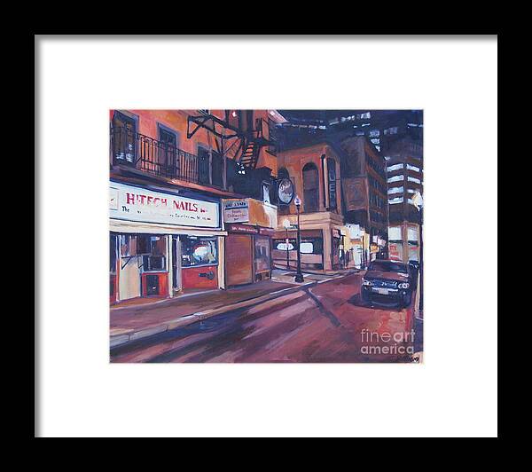Boston Framed Print featuring the painting Bromfield Street at Night by Deb Putnam