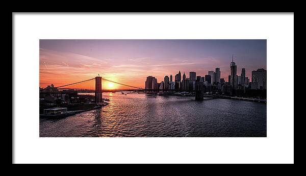 Bridge Framed Print featuring the photograph Brooklyn bridge and Manhattan at sunset - New York - Cityscape photography by Giuseppe Milo