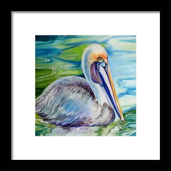 Birds Framed Print featuring the painting BROWN PELICAN of LOUISIANA by Marcia Baldwin