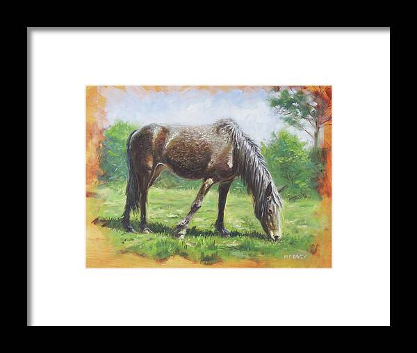 Horse Framed Print featuring the painting Brown standing horse eating by Martin Davey