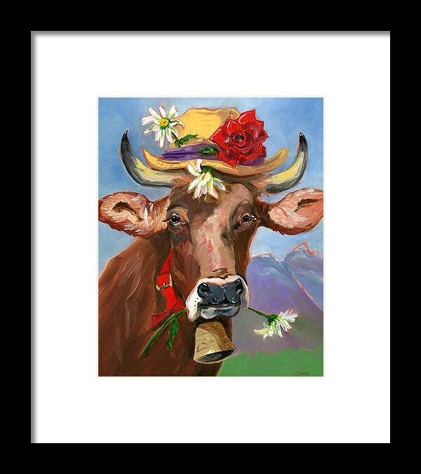 Cows Framed Print featuring the painting Brown Swiss in Summer Hat by Susan Thomas