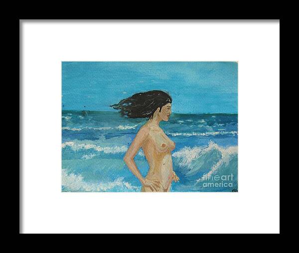 Brunette Girl Framed Print featuring the painting Brunette Girl On The Beach by Joaquin Sales